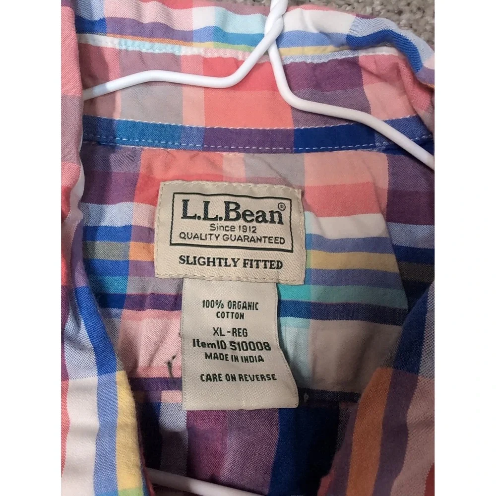 LL Bean Mens XL Short Sleeve Plaid Button Down Shirt Organic Cotton Multi-Color - Picture 2 of 6